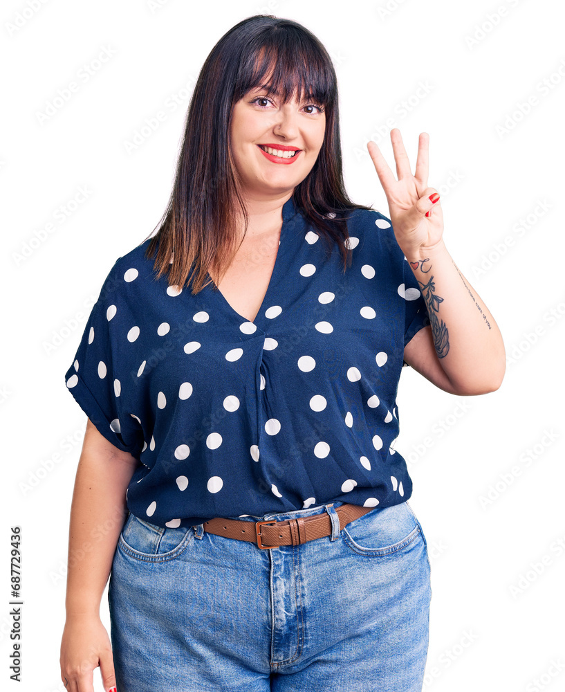 Young plus size woman wearing casual clothes showing and pointing up with fingers number three while smiling confident and happy. Young plus size woman wearing casual clothes showing and pointing up with fingers number three while smiling confident and happy.