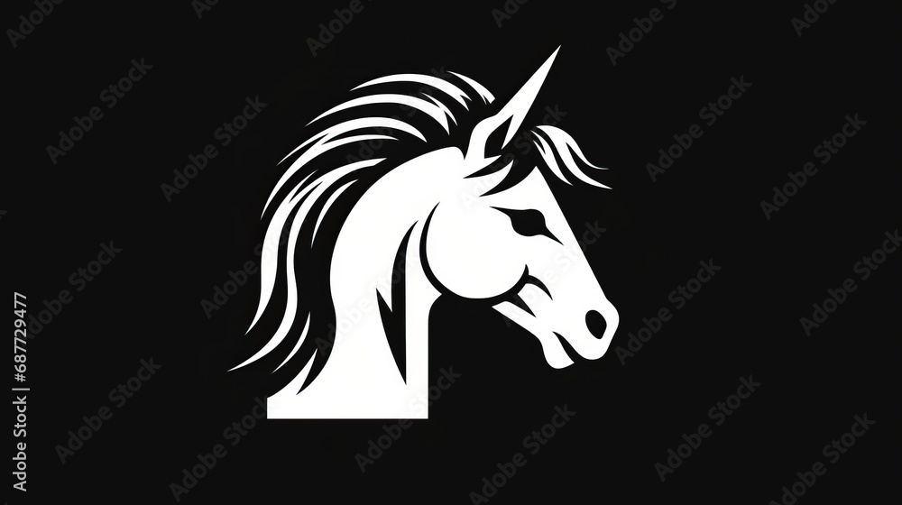 2d profile of a unicorn, flat side view, cartoon, comic, mascot logo, minimalist, centered, no background, black and white, copy space, 16:9