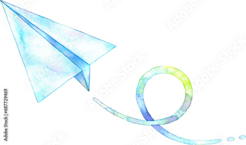 円を描いて飛ぶ紙飛行機の水彩イラスト photo