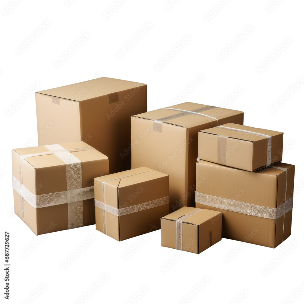 An arrangement of unmarked brown cardboard boxes taped over to stay sealed, ready for shipping or storage.