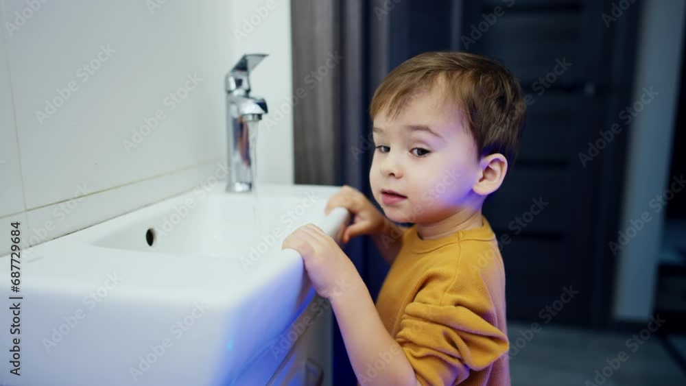 Toddler boy in orange sweater stands looking into the sink. Smiling kid playing with water tap. Side view. Toddler boy in orange sweater stands looking into the sink. Smiling kid playing with water tap. Side view.