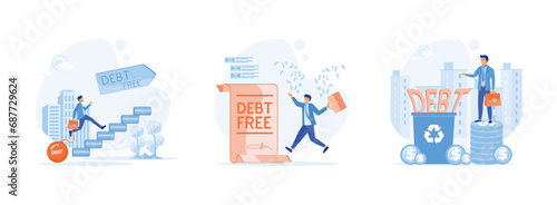 Debt Free concept.  Businessman with debt free letter. Businessman no debt. Cut debt set  flat vector modern illustration