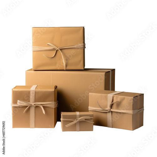 Elegantly tied parcel boxes with ribbons  suggesting gifts or sophisticated packaging.