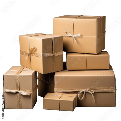 A neat arrangement of brown cardboard boxes tied with twine, ready for shipping or storage. © Jan