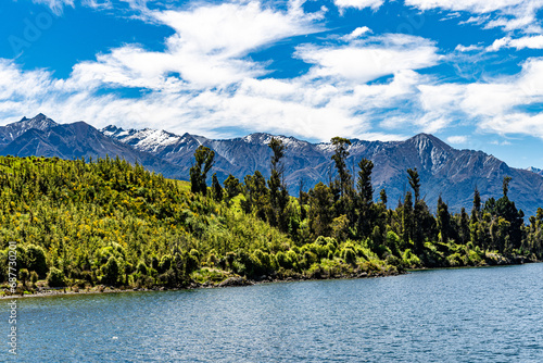 Lake Wakatipu and the mountains that surround it as seen from Queenstown New Zealand