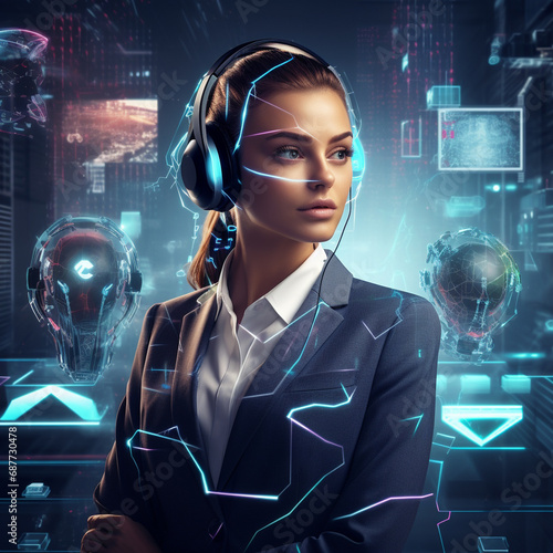 Portrait of a beautiful young woman in a business suit and headphones on a dark background. The concept of modern technologies and communication.
Artificial Intelligence Virtual Assistant.
