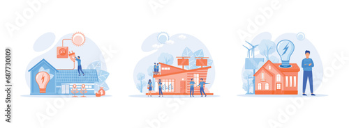 Photovoltaic system for smart home, modular Smart home concept, Renewable energy and saving electricity.  Eco house set flat vector modern illustration 