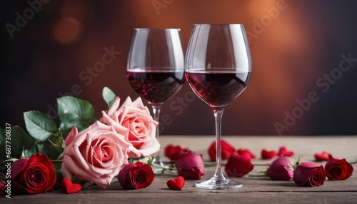 Composition with two glasses of white wine. Valentine's Day card for February 14th. Background with selective focus