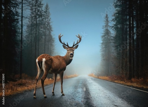 Deer on the road or highway. Background with selective focus and copy space
