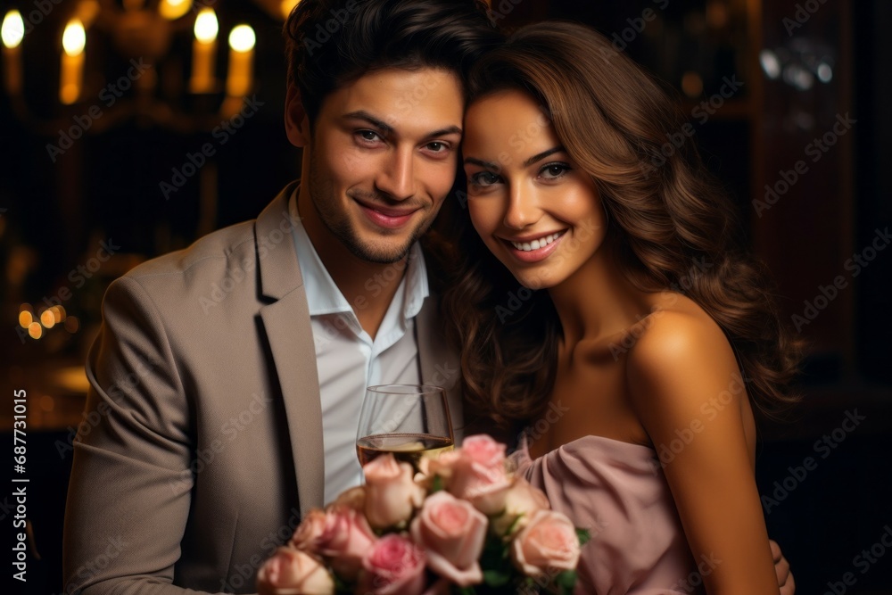 Couple in love in a restaurant on a date. Background with selective focus and copy space Couple in love in a restaurant on a date. Background with selective focus and copy space