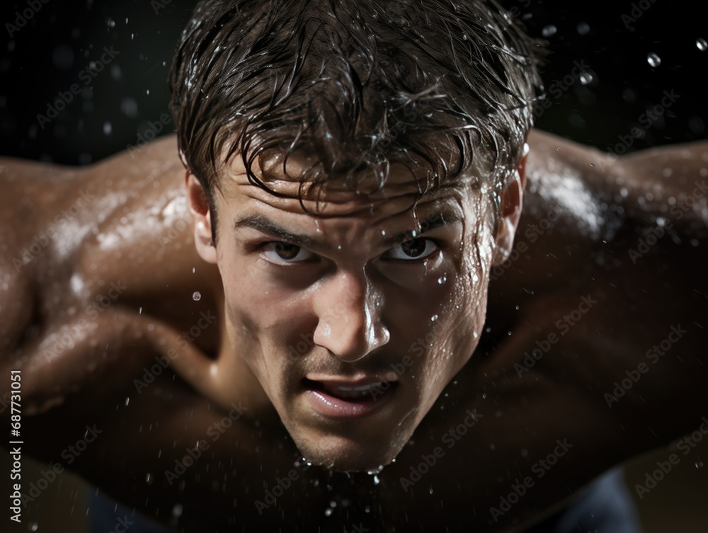 Focused athlete in action, muscles tense, sweat glistening on forehead. Blurred background emphasizes subject's determination and motion. Fitness, strength, and concentration