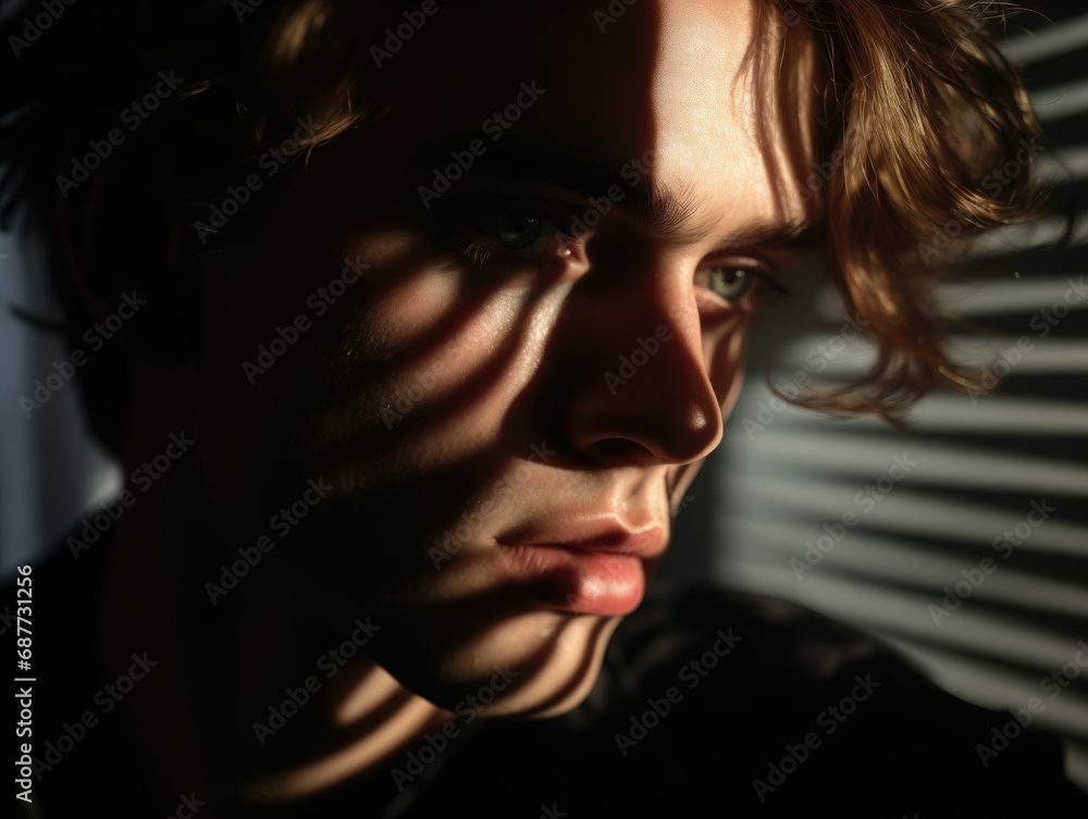 Focused young man with intense concentration. Dramatic lighting casts deep shadows, highlighting contours of his face. Clarity in his hair, forehead lines, and piercing eyes Focused young man with intense concentration. Dramatic lighting casts deep shadows, highlighting contours of his face. Clarity in his hair, forehead lines, and piercing eyes