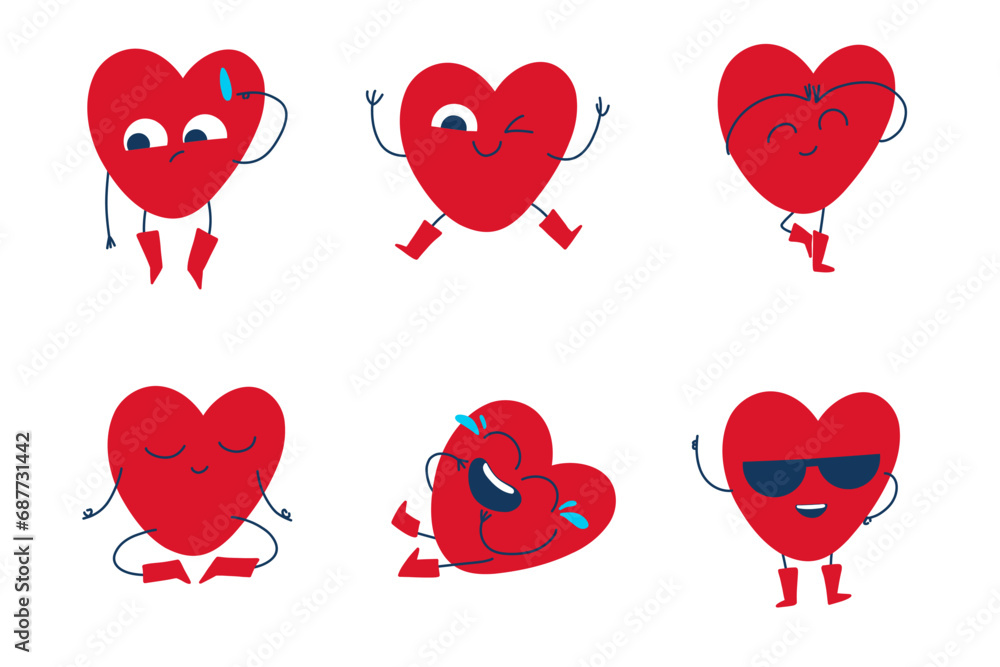 Vector set of  adorable heart character in different poses with happy emotion on white background.