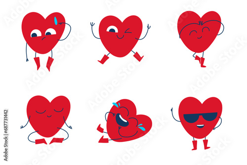 Vector set of  adorable heart character in different poses with happy emotion on white background.