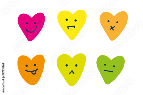Vector set of  adorable heart character in different poses with happy emotion on white background.