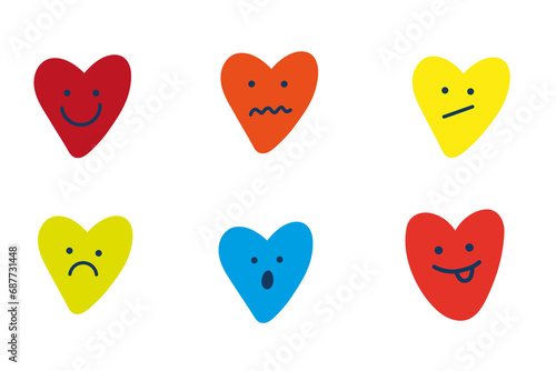 Vector set of  adorable heart character in different poses with happy emotion on white background.