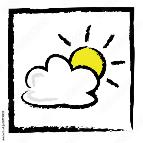 Sketch weather icon line drawing of partly cloudy weather with sun behind cloud