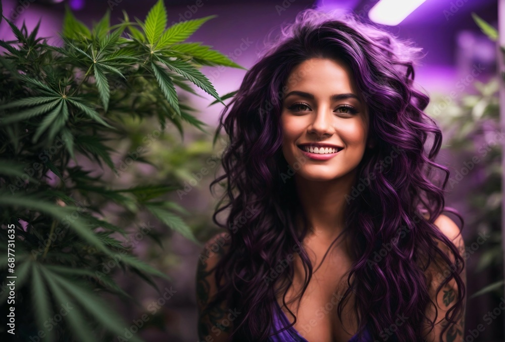 Portrait of attractive seductive pretty brunette woman smiling in medicinal marihuana  grow room under purple lights