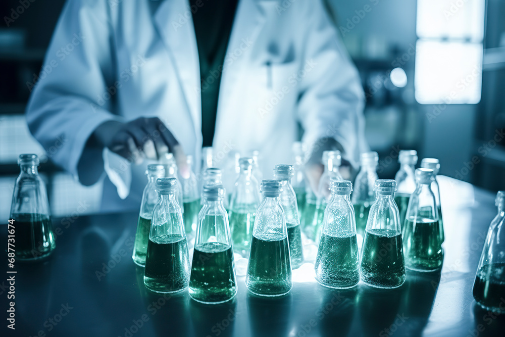 Scientists in a laboratory are working with green glowing bottles ...