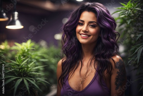 Portrait of attractive seductive pretty brunette woman smiling in medicinal marihuana grow room under purple lights