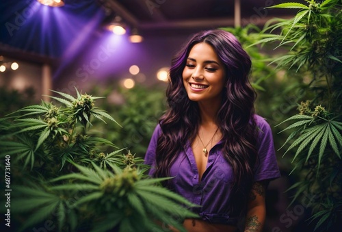 Portrait of attractive seductive pretty brunette woman smiling in medicinal marihuana grow room under purple lights