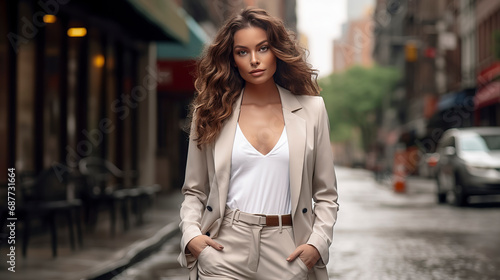elegant pretty woman in a white blazer and beige pants is walking down a city street with buildings, cars, and a sidewalk, ai generative