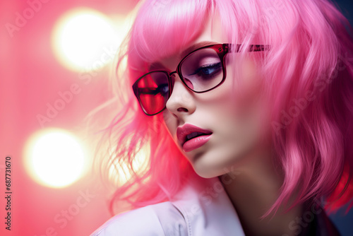 pretty woman with pink hair and glasses, wearing a white jacket, is in front of a blurred background with pink and blue lights, ai generative