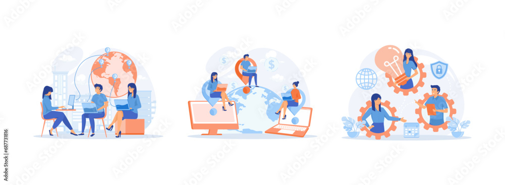 Outsourcing company concept, Developers team working scene,  Idea of teamwork and project. Outsourcing set flat vector modern illustration 