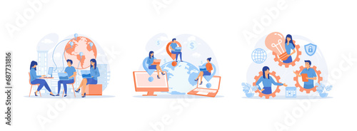 Outsourcing company concept, Developers team working scene,  Idea of teamwork and project. Outsourcing set flat vector modern illustration 