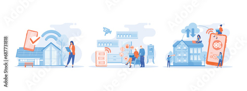 Home and house smart control, Smart home system develop, smart home concept. Smart home set flat vector modern illustration  