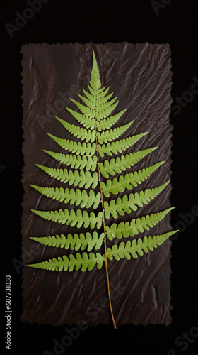 Green fern leaf on slate stone surface
