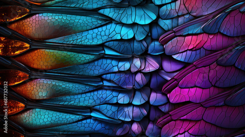 Multi-colored, vibrant abstract texture, wing of psychedelic dragonfly under microscope