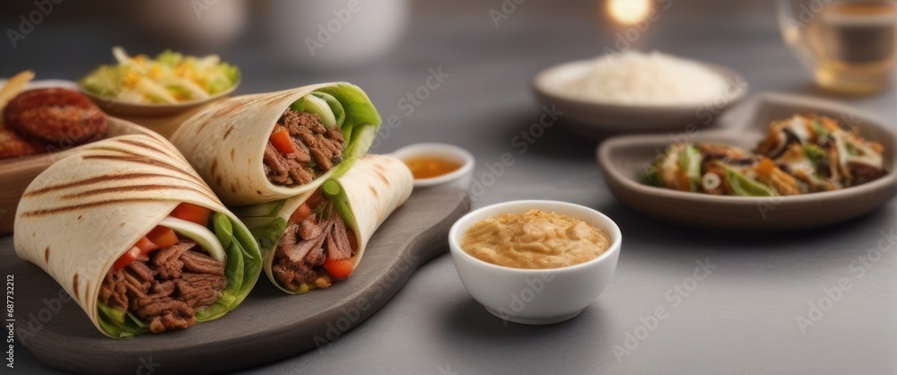 The kebabs are wrapped in flavorful dough and beautifully presented on a plate. The kebabs are wrapped in flavorful dough and beautifully presented on a plate.