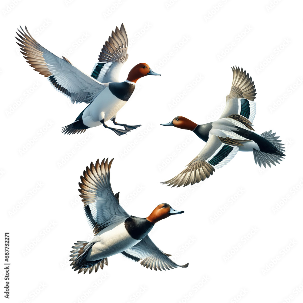 Obraz premium A set of Canvasback Ducks flying on a transparent background