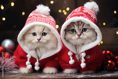 Cute cats in Christmas suits sit near the Christmas tree. Lights, holiday spirit. Generative AI.