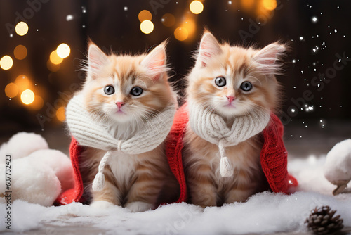 Cute cats in Christmas suits sit near the Christmas tree. Lights, holiday spirit. Generative AI.