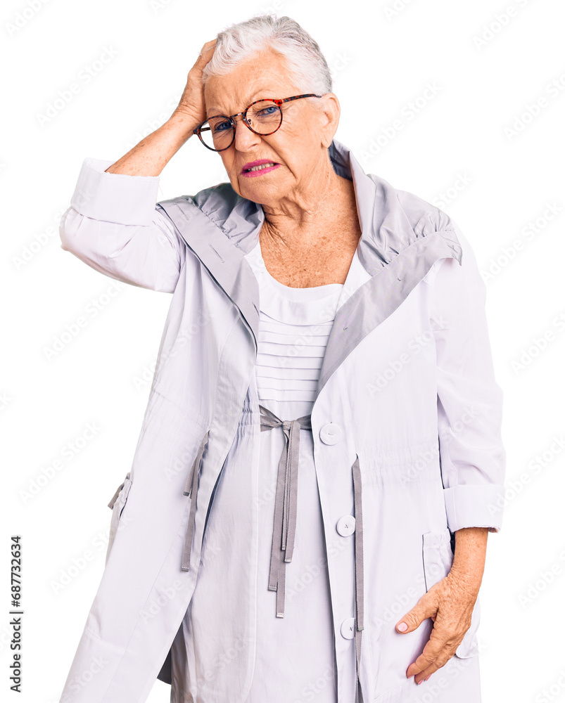 Senior beautiful woman with blue eyes and grey hair wearing casual clothes and glasses confuse and wonder about question. uncertain with doubt, thinking with hand on head. pensive concept. Senior beautiful woman with blue eyes and grey hair wearing casual clothes and glasses confuse and wonder about question. uncertain with doubt, thinking with hand on head. pensive concept.