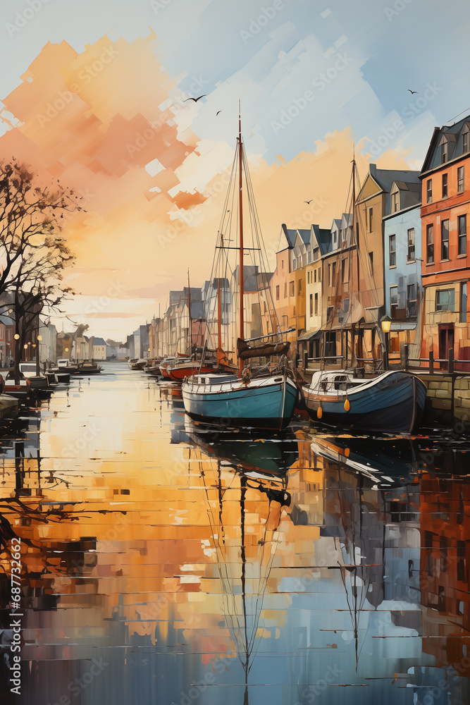 Painting illustration of sail boats in quiet harbour at sunset, houses, reflection in water, copy space, vertical, 2:3