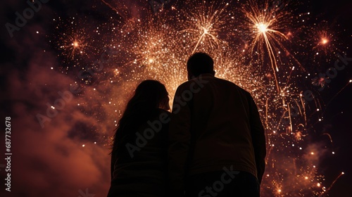 Happy people looking up to the sky with firework in new year 2024 night celebrate happy new year festival 2024 comeliness.