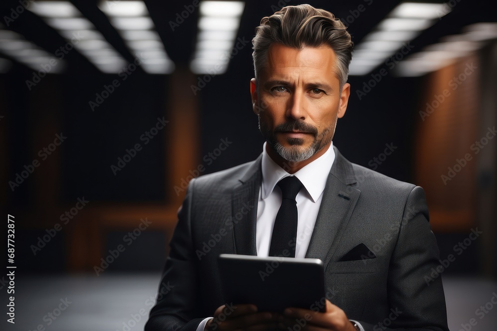 Experienced businessman in suit using smartphone and tablet Experienced businessman in suit using smartphone and tablet