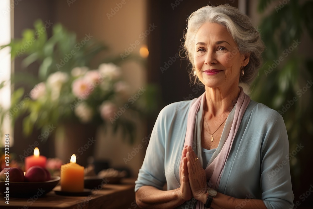 A healthy elderly woman practices yoga in her own home. A healthy elderly woman practices yoga in her own home.