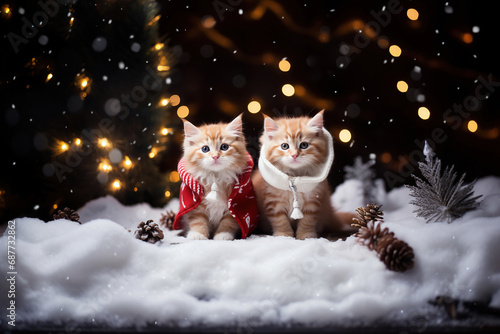Cute cats in Christmas suits sit near the Christmas tree. Lights, holiday spirit. Generative AI.