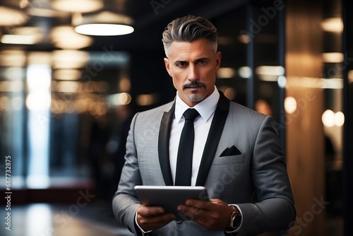 Experienced businessman in suit using smartphone and tablet