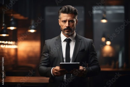 Experienced businessman in suit using smartphone and tablet © 2D_Jungle