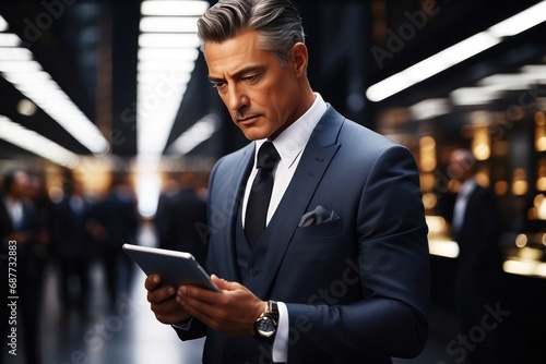 Experienced businessman in suit using smartphone and tablet