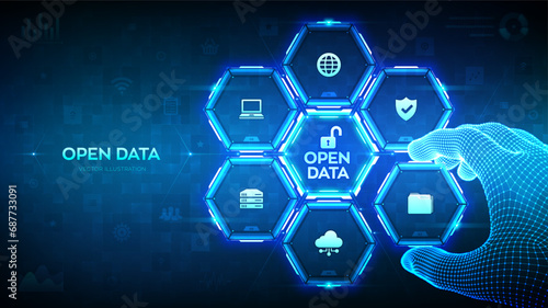 Open data database. Digital file storage system software. Online documentation database technology concept. Integration API. Wireframe hand places an element into a composition visualizing DMS. Vector