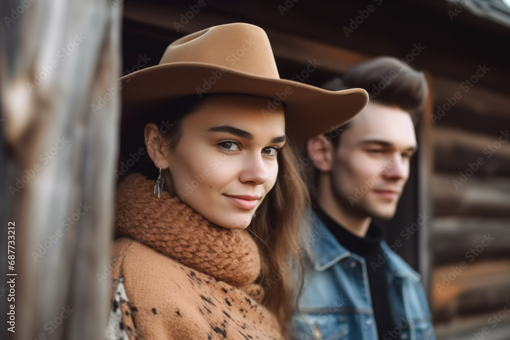 Young couple in wooden house. Generative AI Young couple in wooden house. Generative AI