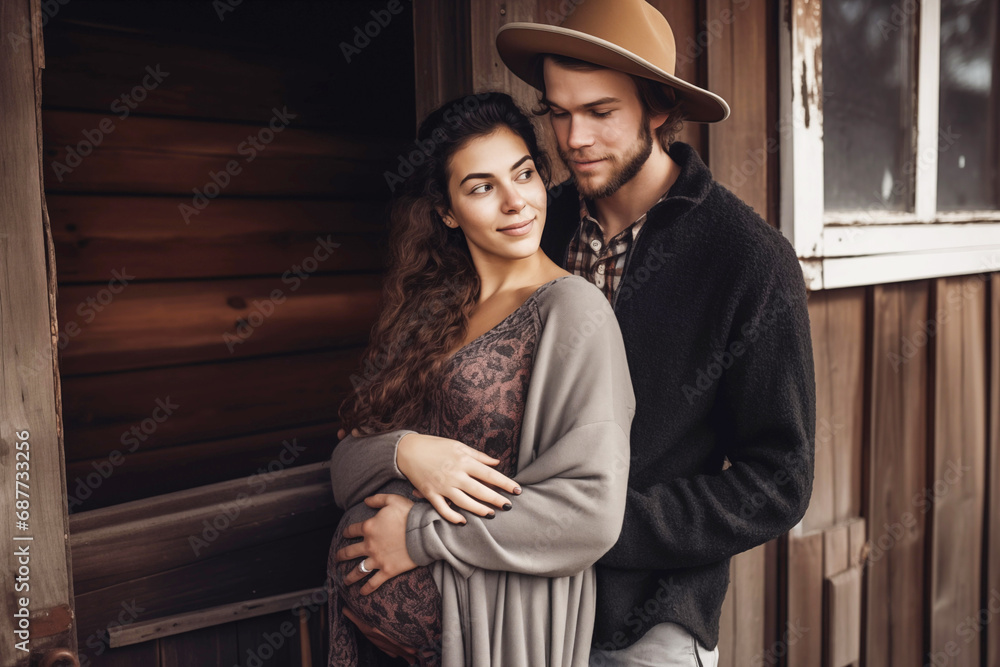 Young couple in wooden house. Generative AI Young couple in wooden house. Generative AI