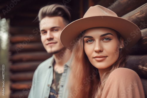 Young couple in wooden house. Generative AI © lanych