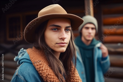 Young couple near a wooden house. Generative AI